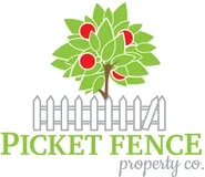 An illustrated green tree with red apples behind a white picket fence with the words Picket Fence Property Co underneath
